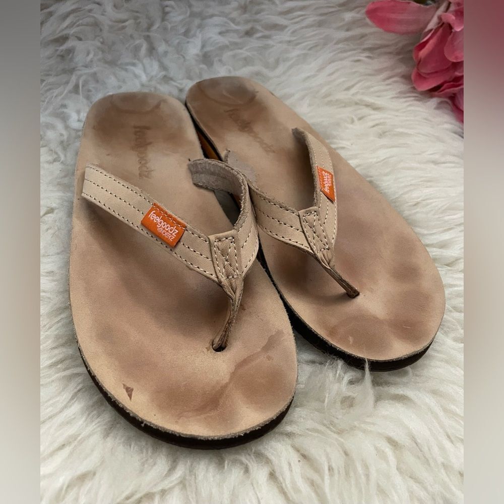 Feelgoodz Kinderz Leather Flip Flops Tan 7